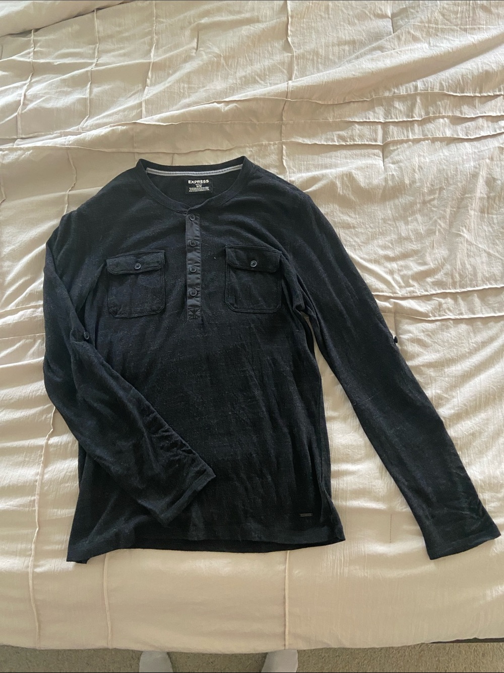 Express Black Long-Sleeve Henley with Chest Pockets